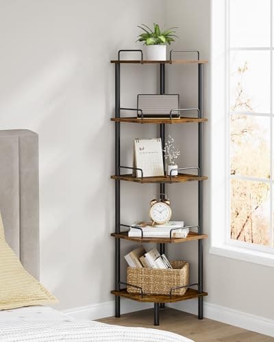 Tajsoon 5-Tier Industrial Corner Shelf, Rustic Brown, Multi-Purpose Stand