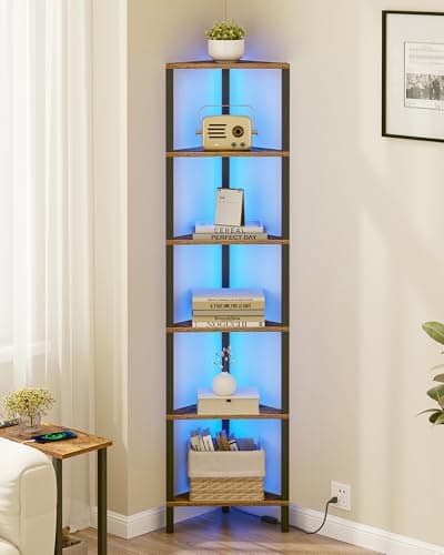 TUTOTAK Rustic Brown 5-Tier LED Corner Shelf for Small Spaces