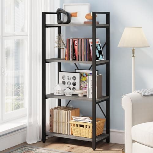 BON AUGURE Dark Gray Oak 4 Tier Bookshelf for Living Room & Office