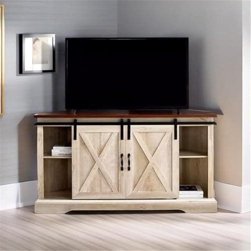 White Oak Finish Pemberly Row Wood Corner TV Stand with Sliding Doors & Adjustables
