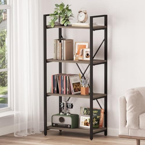 BON AUGURE Dark Gray Oak 4 Tier Bookshelf for Living Room & Office