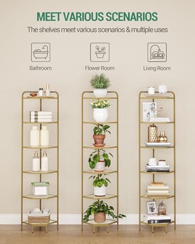 Modern 6-Tier Steel & Tempered Glass Corner Shelf Stand, CS90600G