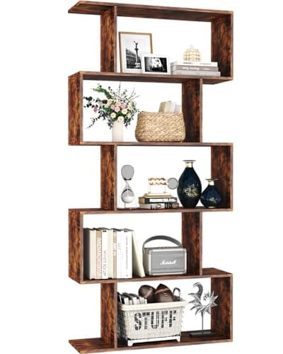 Yusong 5-Tier Geometric S-Shaped Bookshelf, Modern Rustic Brown Home Office Decor