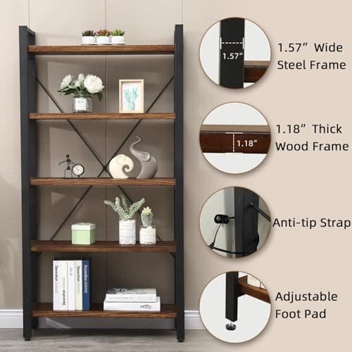 Vintage Industrial 5-Tier Bookcase, Real Wood and Metal (5-Tiers)