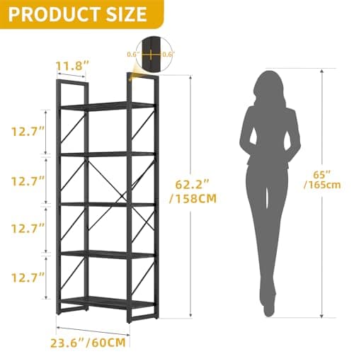 DWVO 5 Tier Charcoal Gray Industrial Bookshelf for Bedroom, Living Room, and Office