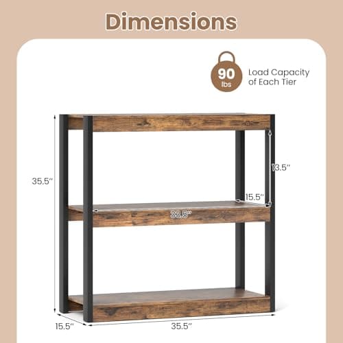 Giantex Rustic Brown & Black 3 Tier Wood Bookshelf
