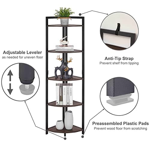 FATORRI Walnut Brown Rustic Tall 5-Tier Industrial Corner Bookshelf