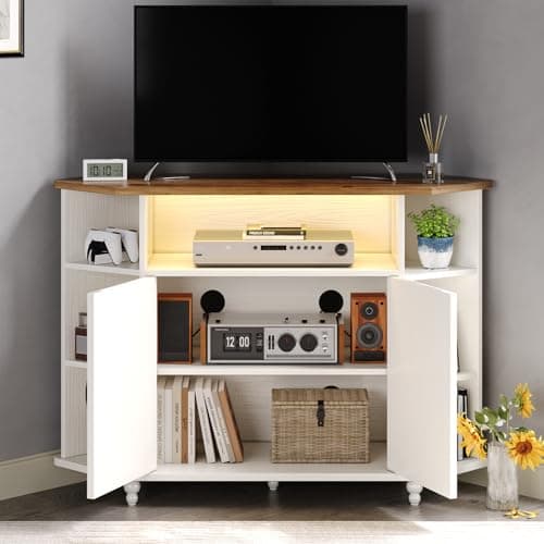 4 EVER WINNER 55-Inch Corner TV Stand with LED Lights and Adjustable Shelves, Farmhouse Style with Barn Doors, White