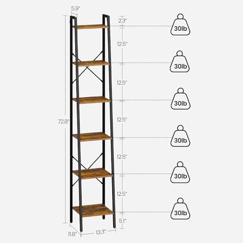 Rustic Brown 6-Tier Ladder Shelf, Bookcase for Home Office & Living Room BC13301B