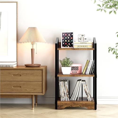 Vagusicc 3-Tier Industrial Metal Bookshelf, Brown, for Living Room and Home Office