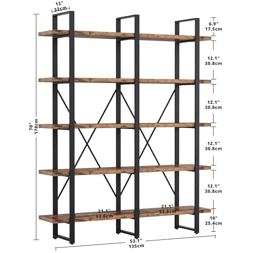 IRONCK Double Wide 5 Tier Wood & Metal Bookshelf, Large Open Shelves, Home Office Furniture, Easy Assembly