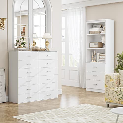Fotosok 71" White Bookshelf with Drawers & 3-Tier Shelves for Home Office