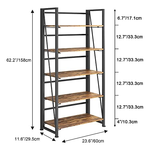 Vintage Folding Bookshelf Storage Shelves - 5 Tiers Multifunctional Plant Stand Bookcase for Home Office