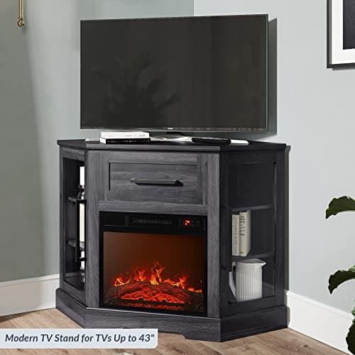 BELLEZE 43 Corner TV Stand with 18 Electric Fireplace for TVs up to 43 - Dale (Rustic Grey)