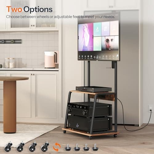 HOOBRO Adjustable Corner TV Stand with Mount and Power Outlet - Rolling Console with LED Lights for Up to 55 TVs - Rustic Brown and Black