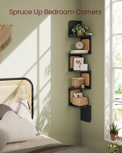 Boho Style 5-Tier Corner Shelf with Rattan Sides for Kitchen, Living Room, Bedroom