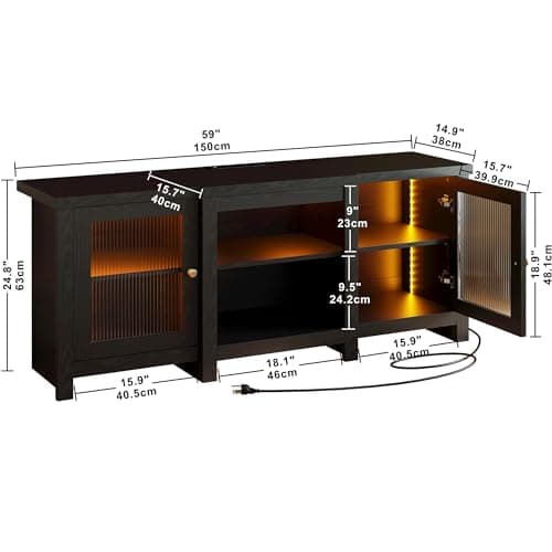 65-inch TV Stand with Power Outlet and LED Light, Black