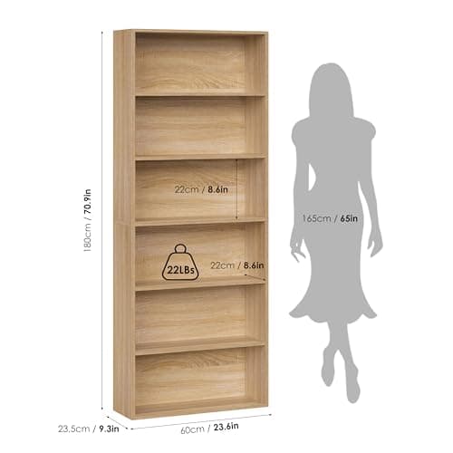 Fotosok Light Oak 6-Tier Bookshelf for Bedroom, Living Room & Office