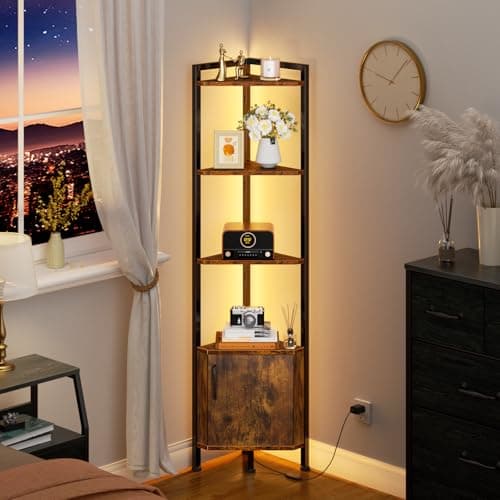 Narrow 5-Tier LED Corner Shelf with Storage for Bedroom, Living Room, Kitchen - Rustic Brown Wood Display Shelf