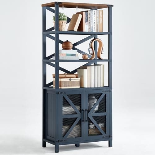 Navy Blue 5 Tier 70" Tall Barn Door Bookshelf for Living Room and Kitchen
