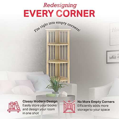 Folding Corner Bookshelf | Natural Wood Finish | 51x12.5x12.5 Inches | Book Shelf for Books and Trinkets | No Assembly Required | Foldable & Small for Home and Office
