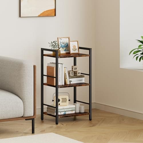 Rustic Brown 3-Tier Metal & Wood Bookshelf for Living Room and Bedroom