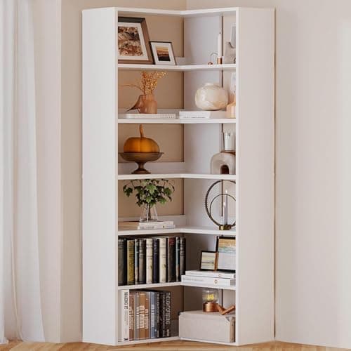 Oneinmil White Large Corner Bookshelf 6 Tiers with Baffles Storage Display Rack