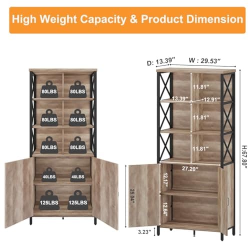 FATORRI Rustic Oak Tall Bookshelf with Doors, 67" Industrial Farmhouse Storage Organizer