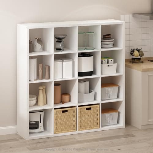 Furinno White Open Back Cube Storage Organizer, 16-Cube Shelf