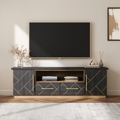 BELLEZE 70 Inch Modern TV Stand with Gold Trim & Storage for Living Room & Home Theater