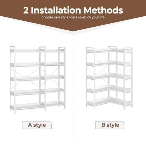 Rolanstar 5-Tier Industrial Wooden Bookshelf with Hooks, White