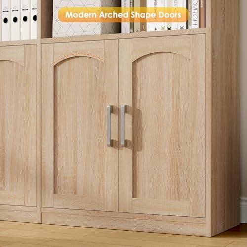 Double Wide Large 6 Tier Oak Bookshelf with Doors and Storage Cabinets