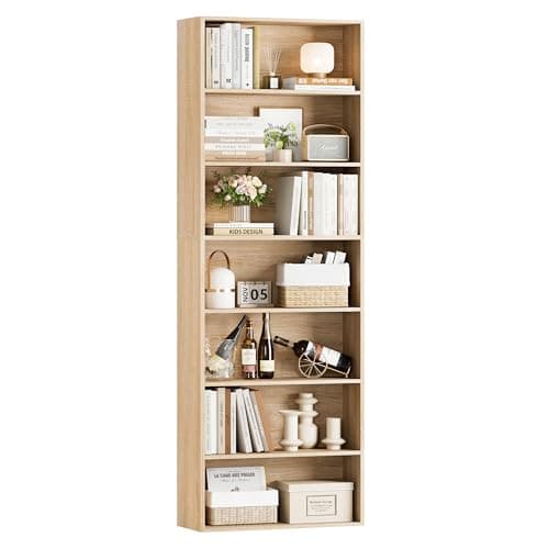 82" Tall Light Oak Bookshelf with 7-Tier Shelves for Home Office, Living Room, Bedroom