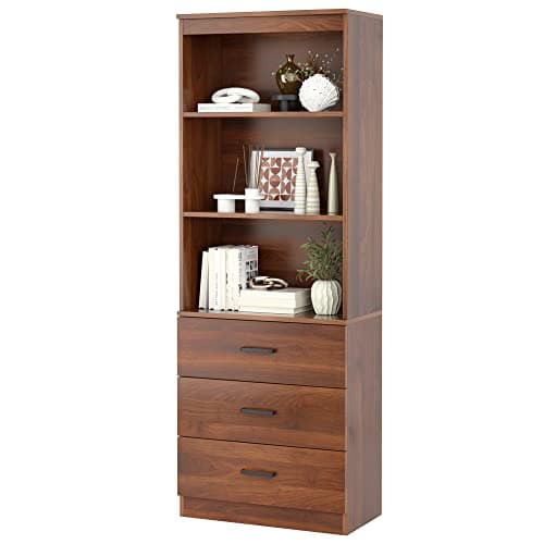 Fotosok 71" Tall Dark Grey Bookshelf with Drawers & 3-Tier Shelves for Home Office