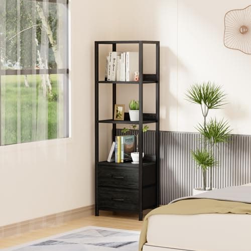 Furnulem 4-Tier Corner Bookshelf with Drawers, 57.28” Tall, Standing Shelf Organizer