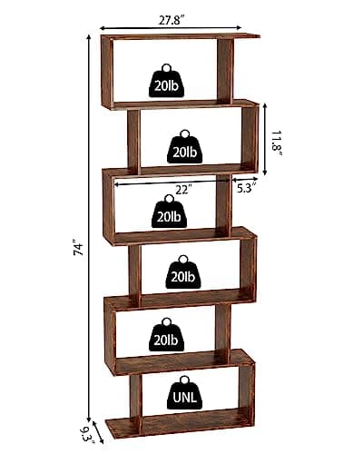 Yusong S-Shaped 6-Tier Geometric Bookcase, Modern Rustic Brown Tall Decor for Home Office & Bedroom