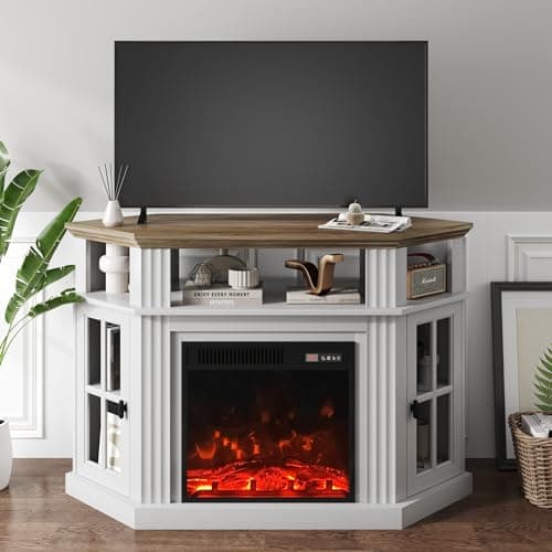 Corner Fireplace TV Stand for TVs up to 55 with Storage Cabinets, Entertainment Center, White＆Rustic Design