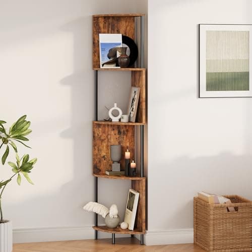 HOOBRO Rustic Brown 5-Tier Corner Shelf Stand, Tall Plant & Book Display
