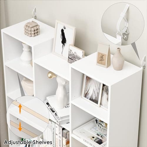 Fotosok 71” Tall Triple Wide White Bookshelf, 8 Tier Storage Tower, Home Office Display Cabinet