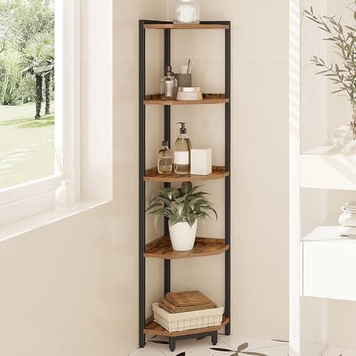 Rustic Brown 5-Tier Corner Shelf Stand, Storage Bookcase for Living Room, Home Office, Bedroom