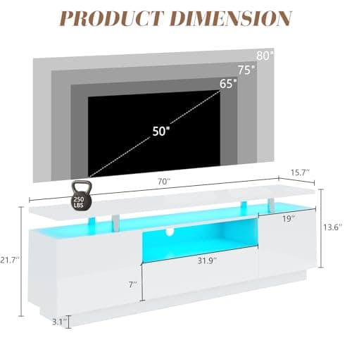 Modern 70in High-Gloss LED TV Stand, White with Open Shelves & Drawer
