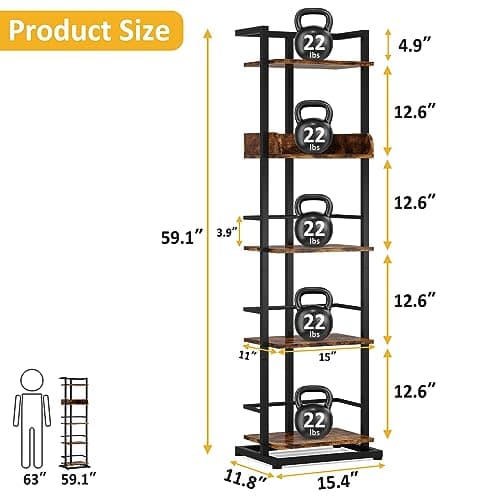 Rustic Brown 5 Tier Wood Bookshelf with Metal Edge Protection