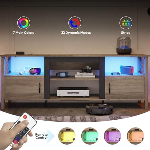 Bestier 63" Grey Wash Farmhouse TV Stand with LED Lights and Storage