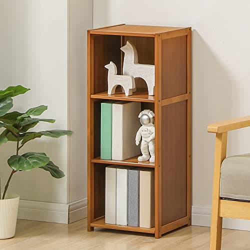 MoNiBloom Brown 3-Tier Bamboo Tall Standing Bookshelf for Living Room Storage