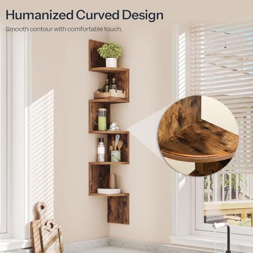 HOOBRO 5-Tier Rustic Brown Floating Corner Shelves for Living Room, Bedroom & More