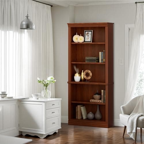 Furniwell Cherry 5-Shelf Tall Wood Bookcase, Large Storage for Library, Bedroom, Living Room