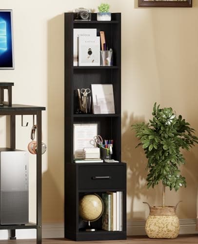 Furologee Black 6 Tier Industrial Wood Bookshelf with Drawer