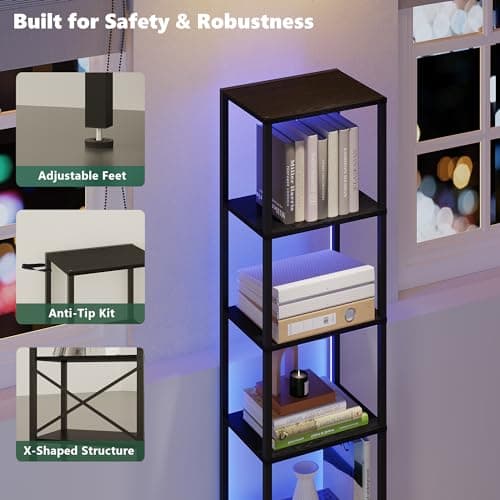 6-Tier Tall Narrow Bookshelf with LED Lights, Black Steel Frame