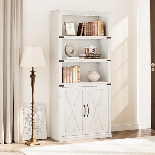 GAOMON 5 Tier Farmhouse Bookcase with Doors, 70 inch Tall Storage Cabinet