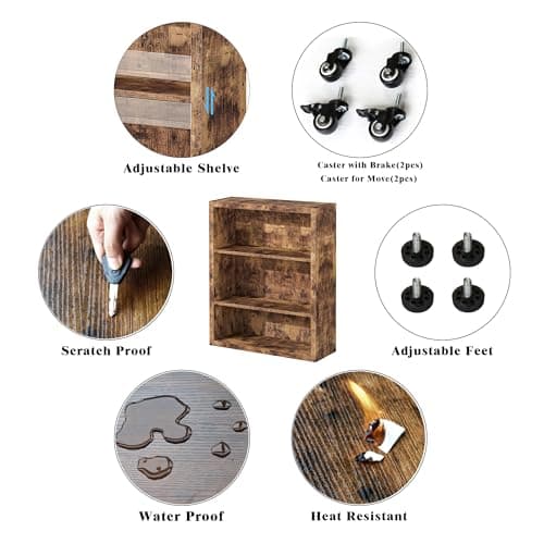 FUSUNBAO 3-Tier Antique Brown Bookshelf with Wheels for Living Room/Bedroom/Office